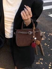复古 Maillard 女士手提包，秋季新款小方包，绒面革单肩斜挎包 - 咖啡 - 查看 3