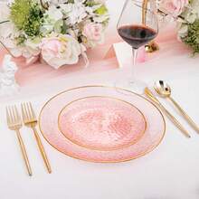 25 Stücke/Set 19cm/26cm rosa Teller, transparente rosa Teller mit goldenem Rand, beinhaltet gehämmerte goldene Teller