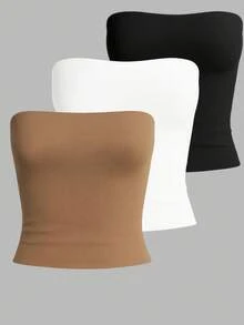 Kit3 Cropped Tube Top Tube Bandeau Blouse Basic Women's Lined Suplex Premium Blogger - Kit3 Tube Preta Branca Marrom - View 1