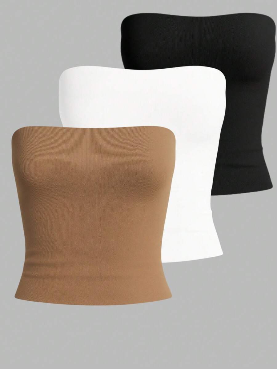 Kit3 Cropped Tube Top Tube Bandeau Blouse Basic Women's Lined Suplex Premium Blogger - Kit3 Tube Preta Branca Marrom - View 1