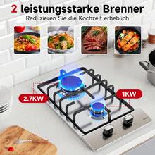 IsEasy Piano cottura a gas WEHIMO Domino con 2 fuochi, piano cottura a gas da incasso in acciaio inox 30 cm 3700 W 2 zone di cottura (2700 W + 1000 W), piano cottura a gas Domino per gas propano e gas naturale, adatto a tutte le pentole - Spina tipo C UE (220-240 V) - Visualizzare 4