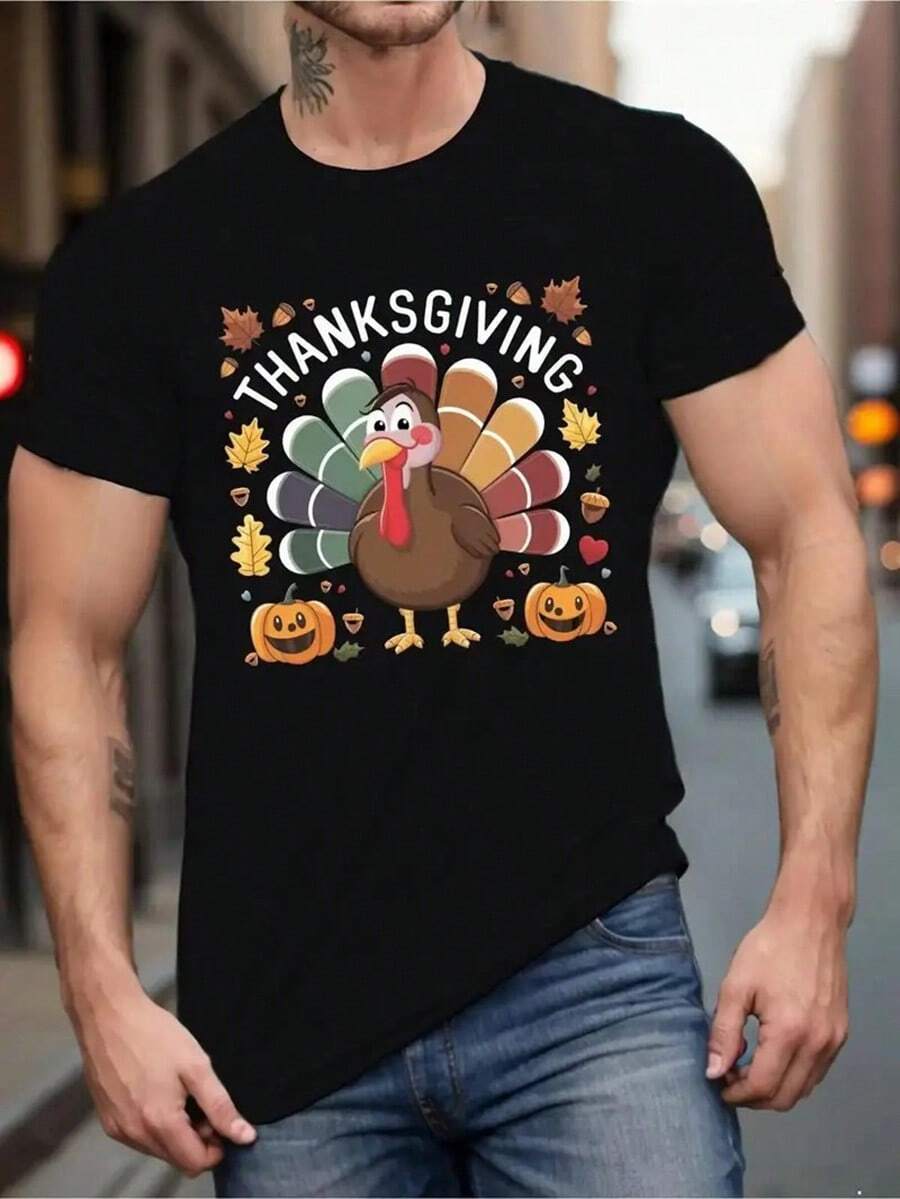 1pc Men's Plus Size Heavyweight 200gsm Stretchy Thanksgiving Turkey Graphic T-Shirt - Funny Turkey & Pilgrim Design With Autumn Leaves & Pumpkins, Black With White Thanksgiving Print, Crew Neck Short Sleeve Casual Shirt For Thanksgiving Party Outfits, Family Gatherings & Casual Attire - Comfortable, Breathable, Durable, All-Season Fit (Machine Washable, US Sizing) - Ideal,Nightmare Before Christmas,Christmas,Halloween Costumes,Funny T Shirts,Summer Outfits,Thanksgiving Day,Men Graphic Tees,Streetwear Men - Black - View 1