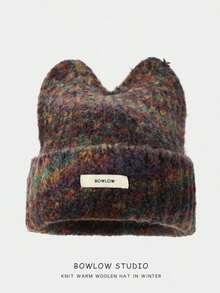 1pc Tie Dye Cute Polyester Plush Knitted Beanie Hat With Ears, Autumn/Winter - Cà phê nâu - Xem 1