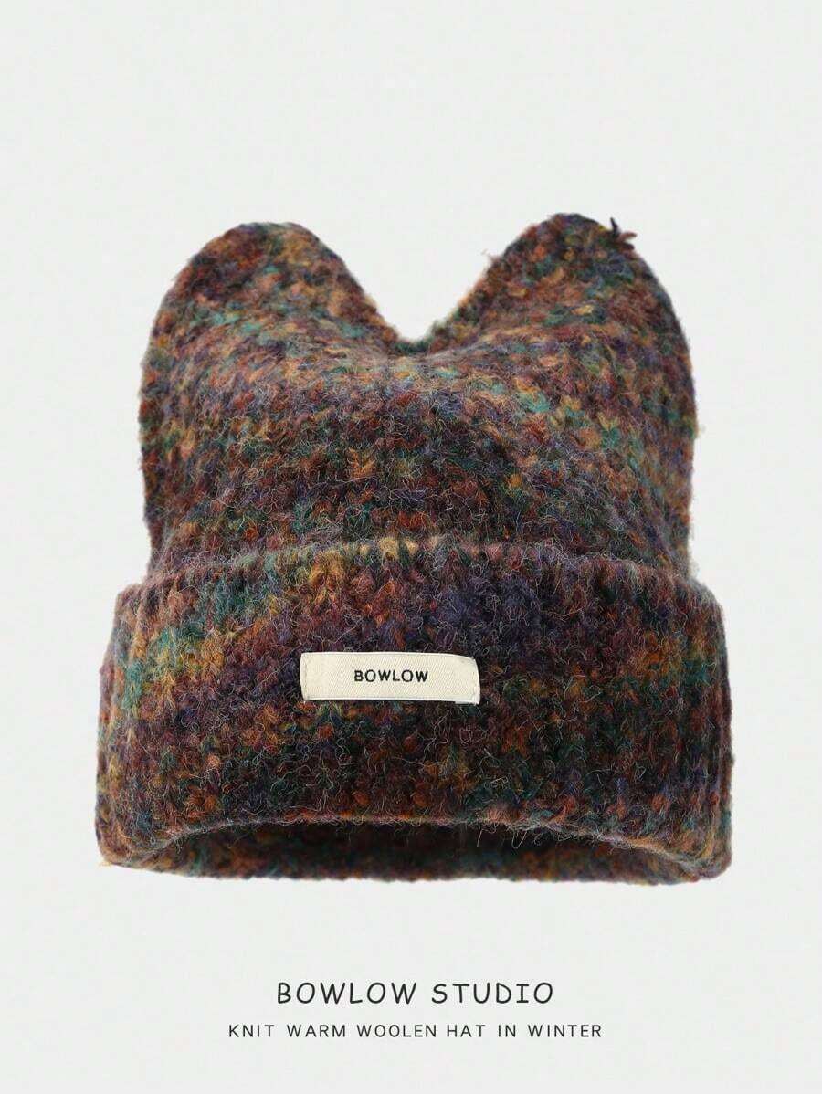 1pc Tie Dye Cute Polyester Plush Knitted Beanie Hat With Ears, Autumn/Winter - Cà phê nâu - Xem 1