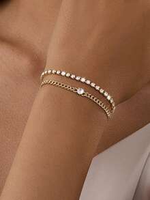 Nooxian 2pcs/Set Bracelet Stacks, Shiny Diamond Element Fashion Gold Color Micro-Inlaid Cubic Zirconia Chain Bracelets For Women, Party Style - Golden - View 3