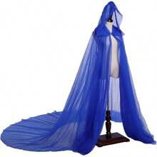 Bridal Tulle Cape With Long Train, Elegant Hooded Wedding Cloak For Bride, Inspired Dress Cover-Up - 藍色 - 查看 2