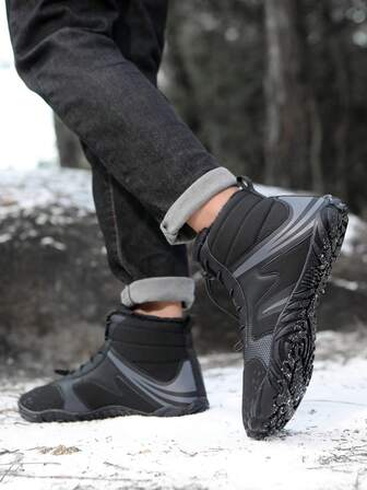 黑色雪地靴，男女通用，极简赤足鞋，女款宽鞋头，防水徒步靴，保暖舒适，适合户外徒步、远足、露营、狩猎