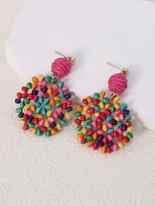 1pair Boho Wooden Color Block Bead Decor Round Drop Earrings For Women For Daily Decoration - Multicolor - View 11