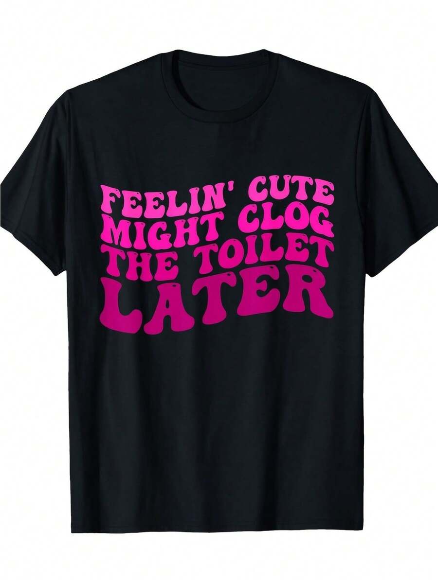 Funny Feel Cute Might Block The Toilet Pattern T-Shirt -, Black, Pink Text, Men'S Casual Crew Neck T-Shirt, Humorous Design, Machine Washable, All Seasons, Funny T-Shirt - 黑色 - 查看 1
