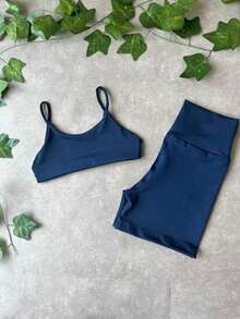 Women's Fitness Set Gym Open Back Top With Shorts - Màu xanh hải quân - Xem 2