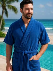 Unisex Luxury Terry Bathrobe 100% Cotton Short Sleeve Men's Women's S To GG - 藍色 - 查看 4