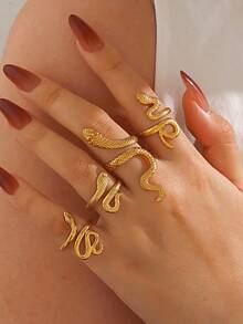 4 件不锈钢 18K 镀金蛇形戒指套装，适合女性日常佩戴 - 彩色 - 查看 3