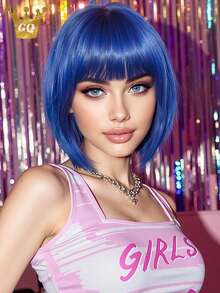 Tóc giả ngắn thẳng kiểu Bobo 12 inch, tóc giả tổng hợp chịu nhiệt tự nhiên dành cho nữ, có mái, màu xanh dương, thích hợp làm quà tặng cho các bữa tiệc hàng ngày. - Màu xanh lam - Xem 12