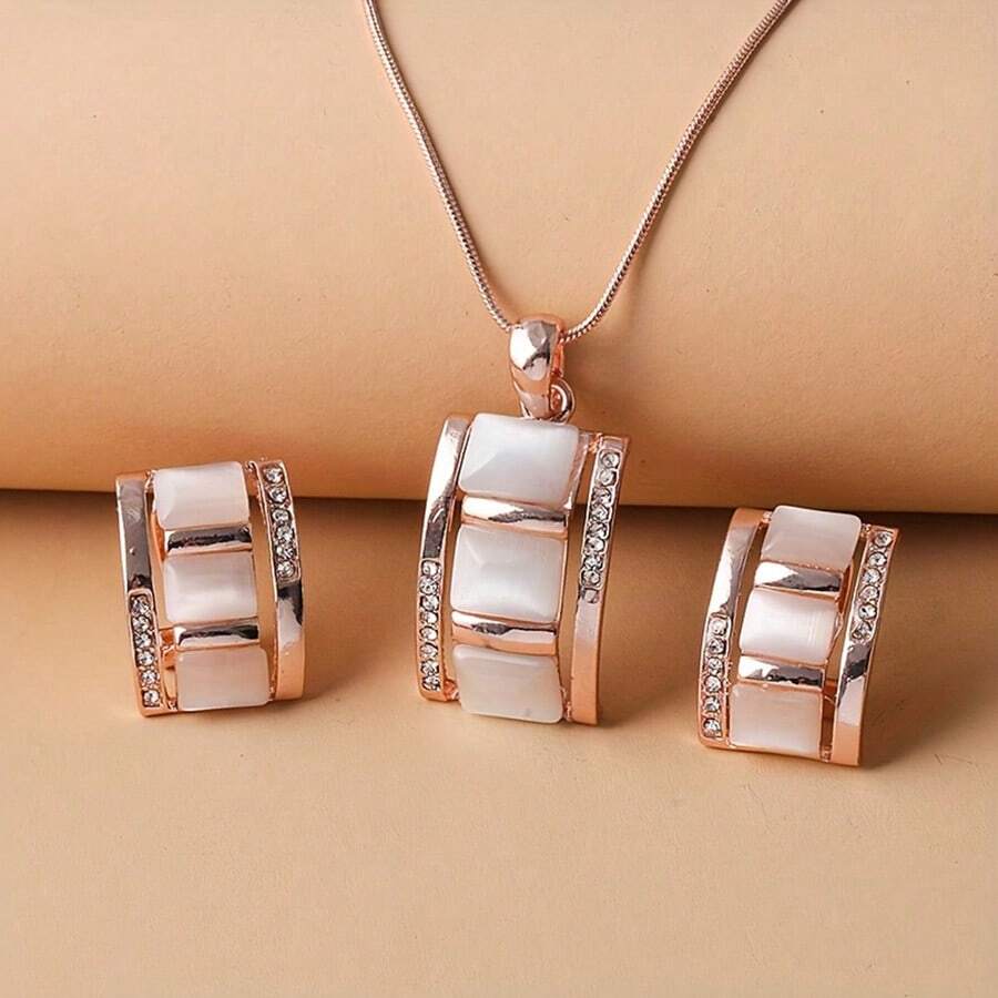 3pcs/Set Ladies Rectangular Cat's Eye Stone Necklace & Earrings Jewelry Set Rhinestone Imitation Gemstone Pendant Stud Earrings Jewelry Birthday Party Accessory Gift Durable Craftsmanship - 玫瑰金 - 查看 1