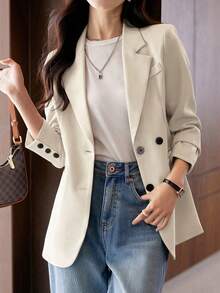 Plus Size Women Spring Autumn Casual Solid Color Suit Jacket