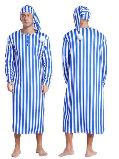 UK Mens Striped Loose Sleepwear Long Sleeve Nightshirt Night Pajama Set With Cap