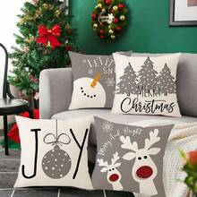 4 件套圣诞主题枕套，圣诞快乐、驯鹿、雪人、松树设计，简单的桃色天鹅绒单面印花靠垫套，拉链开合，不含枕芯，条纹装饰枕套，适合圣诞节、冬季假期，适用于沙发、床、椅子、卧室、客厅、露台装饰 - 灰色 - 查看 4