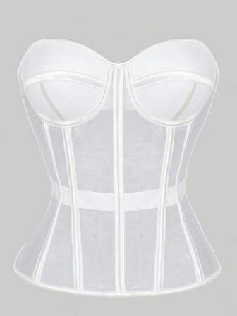 1 件透明网眼束胸衣，性感无肩带系带缎面胸罩束胸衣上衣，适合女性外出/万圣节派对穿着