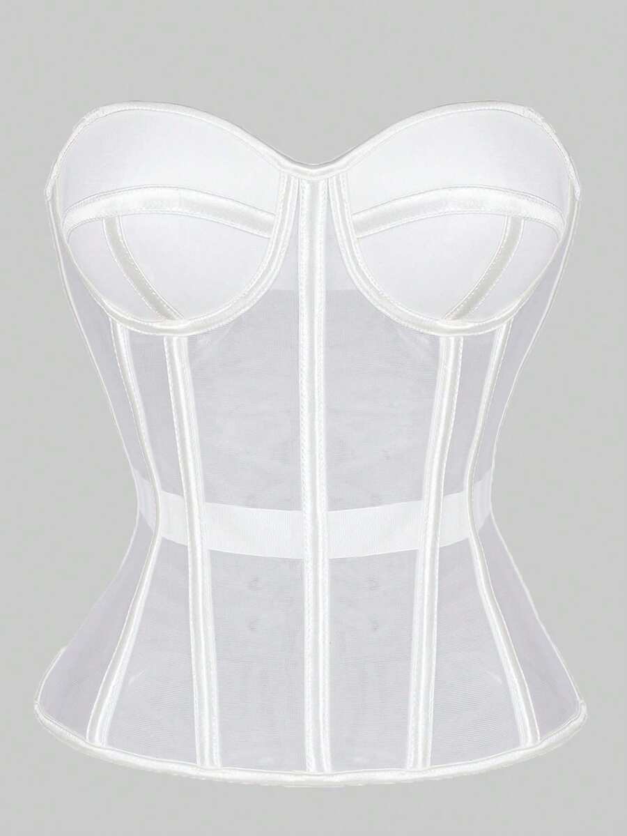 1ชิ้น เสื้อครอปสายเดี่ยวตาข่ายโปร่ง, เสื้อเกาะอกซาตินเซ็กซี่เปิดหลังผูกเชือก, เหมาะสำหรับผู้หญิงใส่เที่ยว/ปาร์ตี้ฮาโลวีน - สีขาว - ดู 1