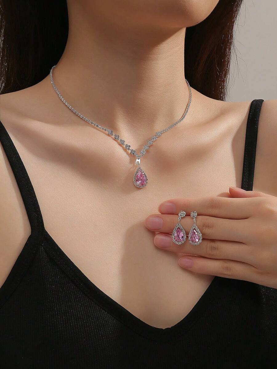3 件水晶锆石水滴项链和耳环套装，适合正式活动和婚礼 - 粉色 - 查看 1