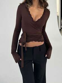 Women's Y2k Fall Long Sleeve Shirts Lace Trim Tie Up V Neck Slim Fit Shirts Tops Casual Going Out Blouse Tops Streetwear - 棕色 - 查看 2