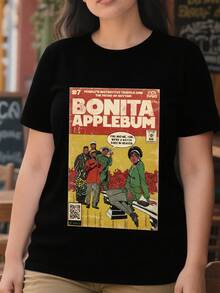 Camiseta Tops casuales de mujer con estampado portada comic Bonita Applebum 220 g de algodón puro grueso y cómodo - Negro - Ver 2