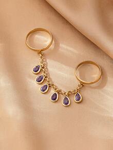 1pc Fashion Copper Zirconia Stone Linked Finger Ring With Dangling Rhinestone Chain, Women's Jewelry For Wedding, Party, Wedding Season Gift