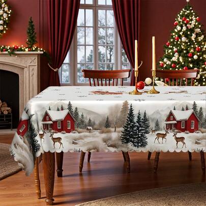 1 pezzo Tovaglia natalizia - Stile europeo vintage, con Babbo Natale sulla slitta, case, alberi di pino, renne, decorazioni a fiocchi di neve - Tessuto in poliestere durevole - Adatta per tavoli rettangolari, rotondi, da pranzo - Decorazione invernale per feste, casa, ristorante - Facile da pulire