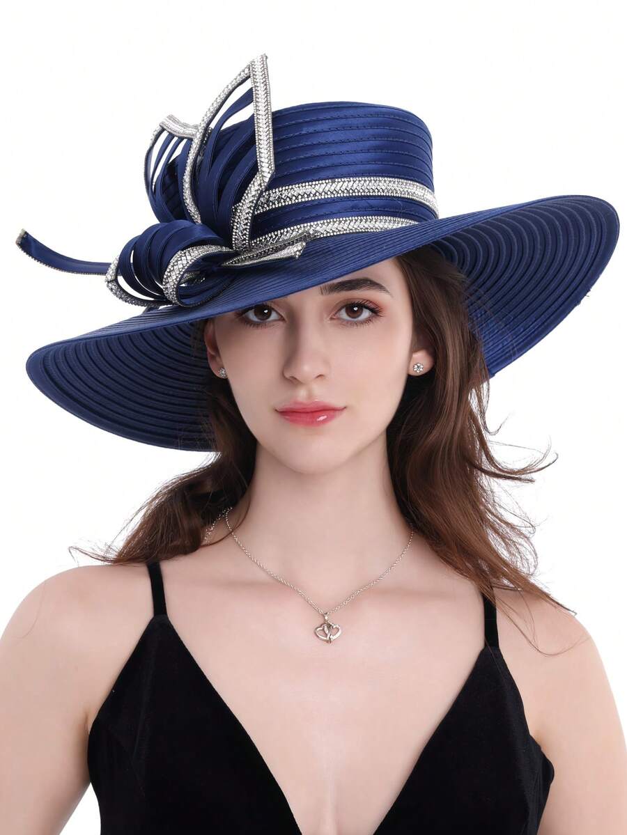 Box Packaging Fashion Retro Women's Church Hat With Wide Brim And Rhinestone Decoration Elegant Church Hat Must-Have For Easter, Mother's Day, Wedding Guests And Special Occasions - 藏蓝色 - 查看 1