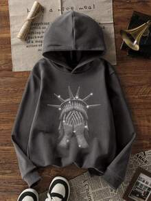 1件少女保暖连帽卫衣，冬季保暖青少年服装，适合儿童，街头/时尚/复古/Y2K/休闲/嘻哈风格，秋冬长袖上衣 - 深灰色 - 查看 3