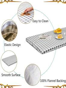 Prostokątny obrus piknikowy, elastyczny, dopasowany obrus winylowy o szerokości 1,8 m z flanelowym spodem, wodoodporny, w kratę, do jadalni, na kemping i na zewnątrz (szary i biały, 76 cm x 183 cm)
