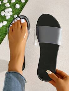 Sandalias de gelatina de punta abierta talla grande para mujer, sandalias planas para playa y uso casual en el hogar, adecuadas para pies grandes y anchos - Negro - Ver 15