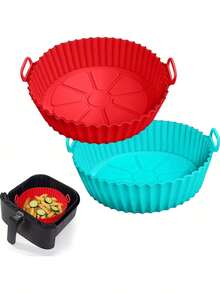 2pcs Square Silicone Air Fryer Liners - 8 Inch Reusable Air Fryer Pan - Air Fryer Accessories - 4 To 7QT Oven Microwave Accessories (Red + Blue) - Circle (red + Blue) - View 8