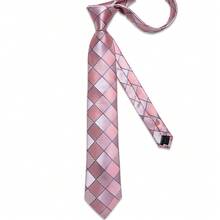 4pcs Mens Tie Pink Grid Necktie Pocket Square Cufflinks Ring Set Wedding Formal Casual Office - 粉色 - 查看 3