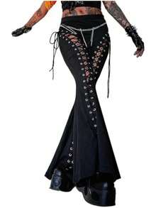 Gothic Lace Flared Pants Are A Must-Have For Women's High-Waisted Y2K Women's Retro And Sexy Slimming Pants In Fashionable OutfitsGothic Lace Bell Bottom Pants – High Waist Flare Pants With Cross Cutout, Sexy Clubwear Halloween Vampire Witchy Outfit, Festival Streetwear Fashion Must-Have