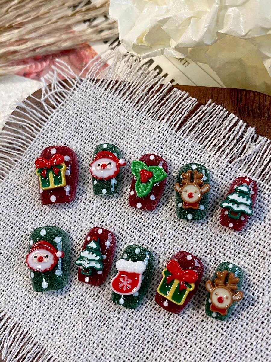 10 Pieces Of Acrylic Press On Nails, Red And Green Press On Square Fake Nails Short Nails DIY Christmas Nails, Christmas Elements 3D Nail Charms, Suitable For Women With Wedding, Party, Festival, Holiday, Holiday, Gift Nail Tools.