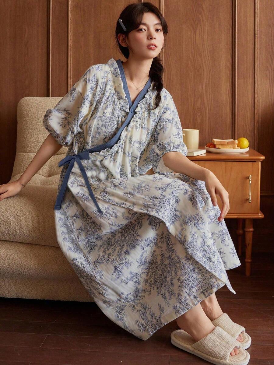 Women's Plus Size Floral Kimono Robe - Sweet Cartoon Print, Loose Summer Nightgown, V-Neck, Short Sleeve, Tie Detail, Lightweight Polyester, Suitable For Casual Home Wear - Blue - View 1