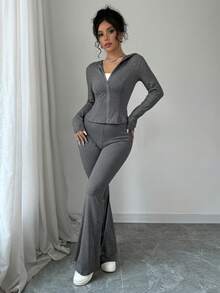 abyoxi 两件套纯色连帽拉链外套和喇叭裤，时尚休闲运动装，适合户外、街头、运动、日常穿着，展现个人魅力，女士秋冬春季必备 - 深花灰 - 查看 4