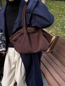 1pc Solid Color Suede Fabric Shoulder Bag For Women, Vintage Fashion Large Capacity Handbag With Dual Handles And Snap Closure, Suitable For Travel, Shopping, Dating, Women's Gift, Suitable For Teenage Girls, College Students, And Office Ladies, Great For Office, School, Work, Business, Commuting, Outdoor, Travel, Picnic, New Fall Fashion 2025 For Women - 咖啡棕 - 查看 3