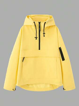Solid Color Casual Sporty Hooded Jacket, Spring/Autumn