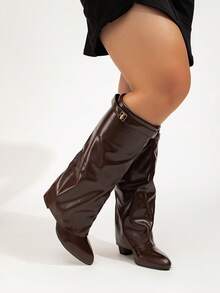 Women's Fashion Wide Width Faux Leather Tall Boots, Folding Shaft, Chunky Heel, Brown Leather Knee-High Boots, Sexy Outdoor High Heel Long Boots, Wide Width Brown High Heel Boots