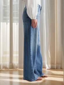 Blue High-Waisted Straight-Leg Jeans For Women, New Elastic Slim-Fit Narrow-Cut Loose Wide-Leg Floor-Length Pants For Autumn And Winter - 藍色 - 查看 5