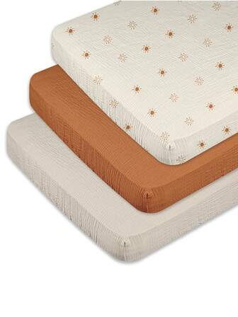 GLLQUEN BABY 3 แพ็ค ผ้าปูที่นอนมัสลินสำหรับเปลเด็กขนาดเล็ก, แผ่นปู Pack N Play แบบพกพาสำหรับที่นอน Pack And Play, แผ่นปู Bassinet, ผ้านุ่มพิเศษ เข้ารูปธรรมชาติ ที่นอน Playard แบบปรับได้, ได้รับการรับรอง Oeko-Tex