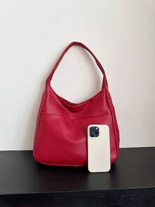 时尚纯色荔枝纹面料设计女士单肩包，现代高级可折叠收纳手提包，简约百搭休闲校园通勤包，适合大学生日常出行，轻便大容量收纳学生单肩包 - 紅色 - 查看 8