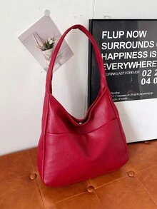 时尚纯色荔枝纹面料设计女士单肩包，现代高级可折叠收纳手提包，简约百搭休闲校园通勤包，适合大学生日常出行，轻便大容量收纳学生单肩包 - 紅色 - 查看 7