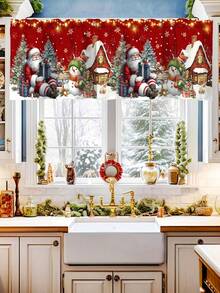 Cortinas de cozinha com saia de Natal de 1 peça, cortinas curtas de poliéster com bolso para vara e boneco de neve de Papai Noel fofo de 55 x 18 polegadas, tratamentos de janela para o inverno, decoração festiva de Natal, decorações de Natal para casa 2025 - Multicolorido - Ver 6