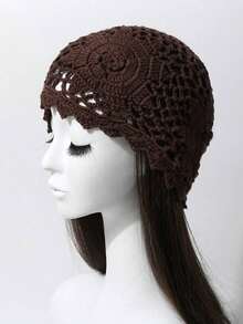 1pc Women's Spring/Summer Handmade Crochet Mesh Floral Hollow Out Vintage Elegant Breathable Thin Knit Cap, Handmade Knit Headband Beanie, Fashionable - 針織帽 - 查看 5