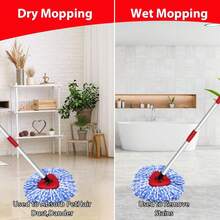 Spin Mop Handle Mop Heads And Base Replacement Sets Compatible With O Cedar EasyWring Rinseclean 2 Tank System, Flexible & Reusable(1 Sets Stainless Steel Handle & 4 Refills & 1 Base & 1 Scrub Brush) - Xanh và trắng - Xem 6