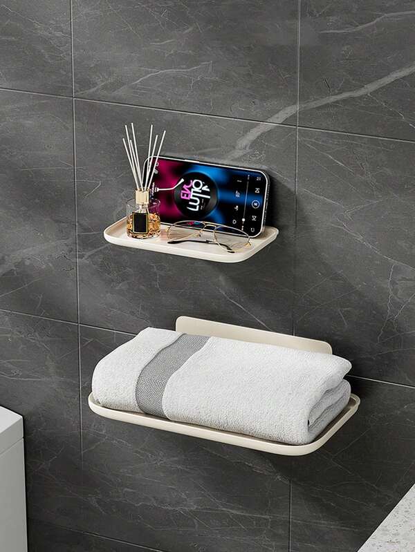 2pcs No-Drill Foldable Storage Rack (Plastic Material) | Bathroom, Toilet, Living Room Wall Mount For Phones, Set-Top Boxes! Suitable For Singles, Small Spaces, Lightweight & Durable, Won't Damage Walls