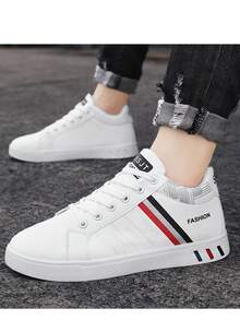 Men's Minimalist Low-Top Skateboard Shoes, Comfortable Lace-Up Striped Casual Shoes, Durable Thick Sole Sneakers, Suitable For Outdoor Activities - White Red - View 4